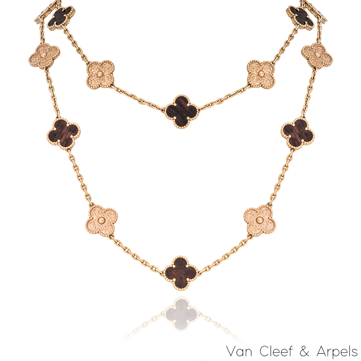 Van Cleef & Arpels Rose Gold Limited Edition Vintage Alhambra Bois D amourette 20 Motif Necklace